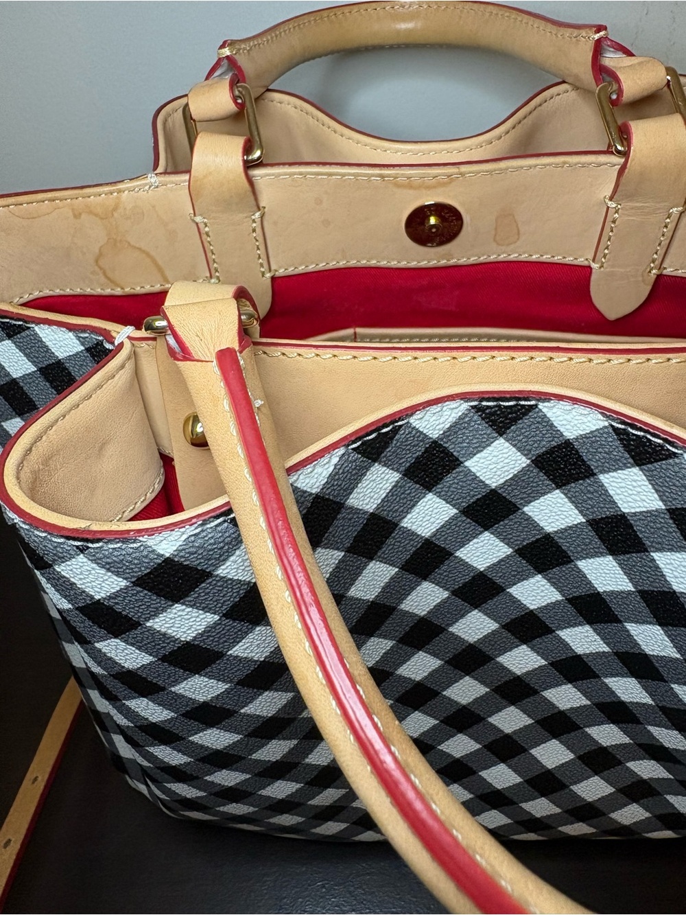 Dooney & Bourke Black and White Gingham Satchel with Tan Leather Trim - Picture 5 of 5